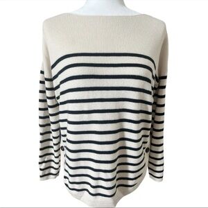 Sezane Cream Navy Striped Rounded Hem Side Buttons Pullover Knit Sweater Small